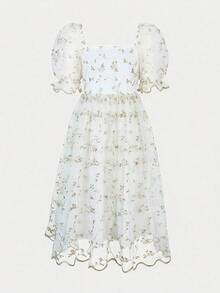 Tween Girl Woven Mesh Embroidered Square Collar Fitted Petal Sleeve Princess Dress - White - View 4