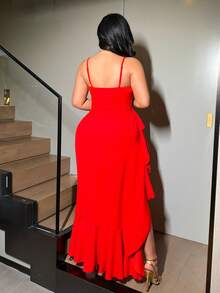 NU&NOW Vestido de fiesta rojo de talla grande con tirantes finos, abertura alta y dobladillo con volantes - Rojo - Ver 6