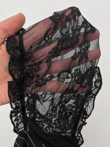 Viva Relle 大码性感复古方领条纹蕾丝拼接修身连衣裙 - 黑色 - 查看 7