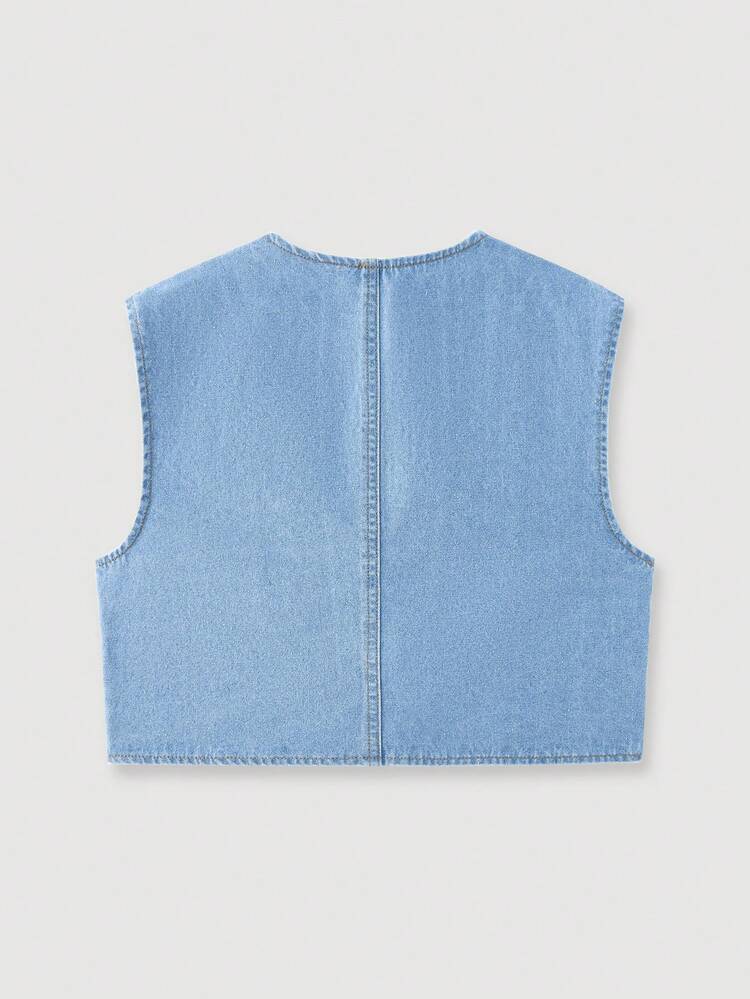 SHEIN Maija Women's Light Blue Denim Vest With Exquisite Embroidery , Summer Vacation, Summer Top, Beach Vacation For Women