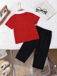 Genkimix Kids 2pcs/Set Young Boy Outfit,Summer,Family Matching,Back-To-School Red Knit Polo Shirt 2 In 1 Design,Small Pattern,Black Elastic Waist Pants Casual Set - Red - View 2