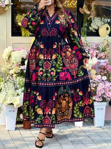 SHEIN CURVE+ Curve 尺码 US22 音乐节、海滨度假、波西米亚风女士休闲宽松印花度假连衣裙 花园连衣裙 花朵连衣裙 女士加大码波西米亚风连衣裙 野花连衣裙 - 彩色 - 查看 9