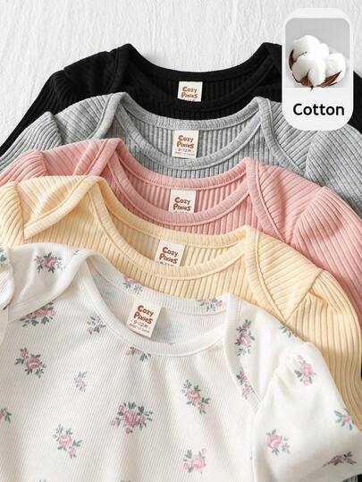 Cozy Pixies Conjunto de 5 piezas de pelele de manga corta con estampado de flores, lunares y dibujos animados para bebé niña recién nacida, para verano