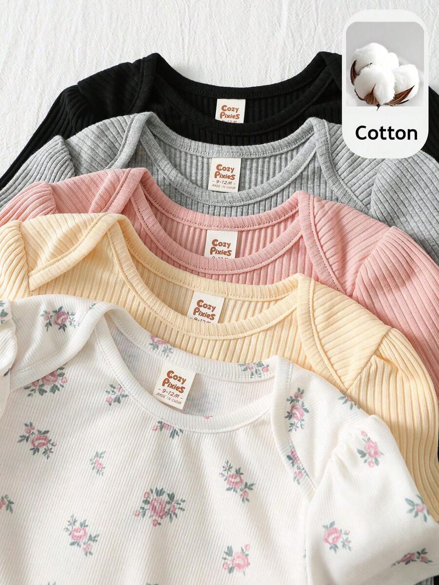 Cozy Pixies 5件套新生女宝宝可爱碎花波点卡通印花短袖连体衣,夏季 - 彩色 - 查看 1