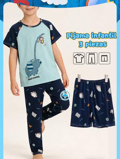 Pijama Infantil para Niño Primavera/Verano 3 Piezas Camiseta de Manga Corta + Pantalón Largo + Short | Suave y Cómodo para Dormir y Estar en Casa
