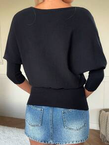 SHEIN EZwear Women's Black V-Neck Cropped Minimalist Design Sweater - Black - View 2