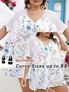 SHEIN CURVE+ Curve 尺码 US22 音乐节、海滨度假、波西米亚蕾丝拼接花卉图案 T 恤 - 彩色 - 查看 4