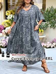 SHEIN CURVE+ Curve 尺码 US22 音乐节、海滨度假、波西米亚风女士度假宽松碎花 V 领短袖娃娃衫/教师连衣裙 - 彩色 - 查看 6