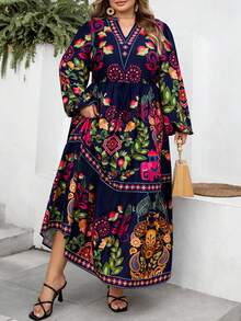 SHEIN CURVE+ Curve 尺码 US22 音乐节、海滨度假、波西米亚风女士休闲宽松印花度假连衣裙 花园连衣裙 花朵连衣裙 女士加大码波西米亚风连衣裙 野花连衣裙 - 彩色 - 查看 5