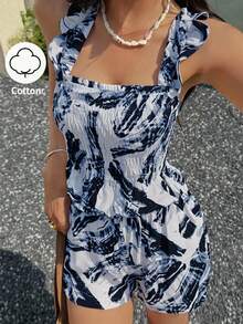 Conjunto Casual con Estampado: Top con Volantes y Pantalones Cortos Ajustados - Azul - Ver 3