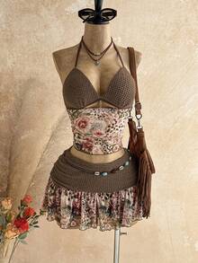 Soleia Bộ đồ 2 mảnh dành cho nữ: áo và chân váy không tay cổ yếm in hoa và kẻ caro, trang phục mùa hè thời trang. - Nhiều màu - Xem 4