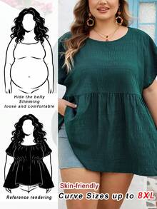SHEIN CURVE+ Curve 尺码 US22 音乐节、海滨度假、波西米亚风夏季休闲纯色纹理蝙蝠袖衬衫 - 綠色 - 查看 10