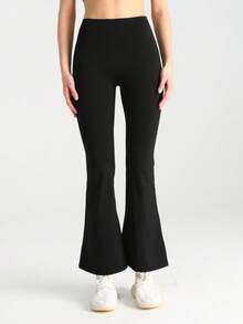 K-Vae Women's Casual Solid Color High Waist Elastic Flare Pants - Black - View 3