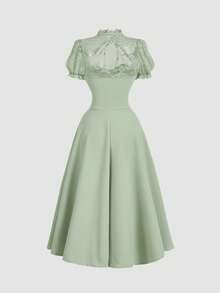 SHEIN MOD 女士优雅撞色蕾丝扭结荷叶边领花瓣袖收腰A字连衣裙，夏季 - 綠色 - 查看 2