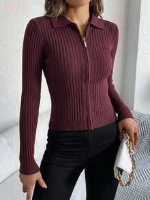 Sueter mujer básico tejido de punto canale manga larga cuello camisero cremallera frontal elegante cómodo casual moderno suave versátil otoño invierno para diario o para trabajo - Vino - Ver 5