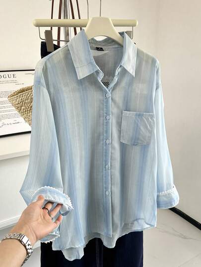 K-Vae Floral Blue Loose Long Sleeve Casual Shirt Cardigan For Women, Spring