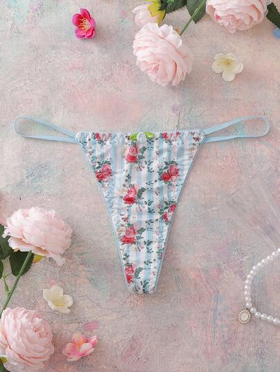 花卉、条纹、蓝色、蝴蝶结、缎面、田园、浪漫、可爱、舒适的女士丁字裤