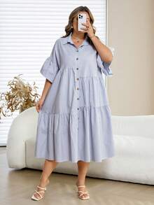 SHEIN CURVE+ Curve 尺码 US22 音乐节、海滨度假、波西米亚风女士条纹翻领纽扣休闲日常通勤连衣裙 - 藍色 - 查看 9