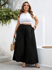 SHEIN CURVE+ Curve 尺码 US22 音乐节、海滨度假、波西米亚风女士高腰宽松纯黑色阔腿裤，带侧袋 - 黑色 - 查看 7
