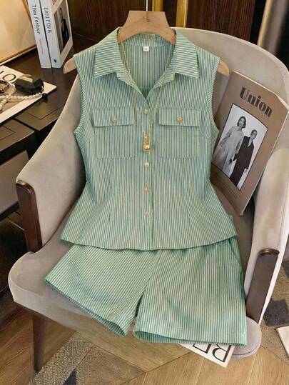 Conjunto de Moda Urbana: Chaleco con Bolsillos + Shorts de Rayas, Elegante y Cómodo para Mujer