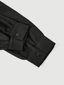 MOD Camisa de mujer de unicolor con cuello de solapa, diseño de cintura con corbata, de uso versátil y casual, con mangas farol - Negro - Ver 4