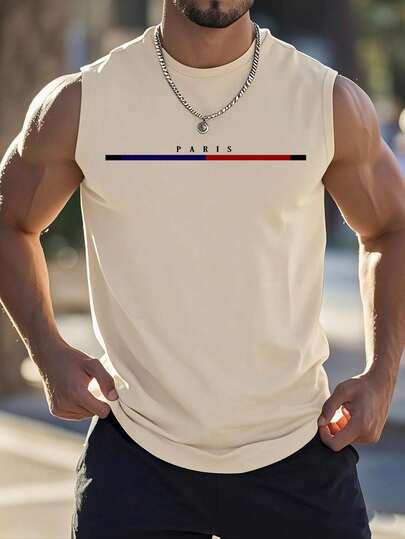 Top sin mangas de activewear con cuello redondo y estampado para hombres, camisa deportiva sin mangas estampada, Top de activewear para hombres, ropa deportiva, ropa de fitness