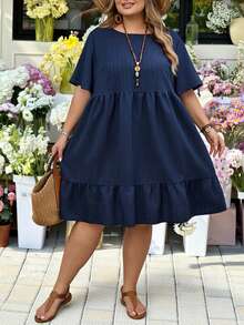 SHEIN CURVE+ Curve Size US22Music Festival, Seaside Vacation, Bohemia Vacation Casual Solid Color Short Sleeve Dress, Summer Outfits For Women, Easter Dress Women, Bohemia, Rave Outfits, Easter Outfit Curve, Country Concert Outfit, Summer Dresses - Navy Blue - View 7