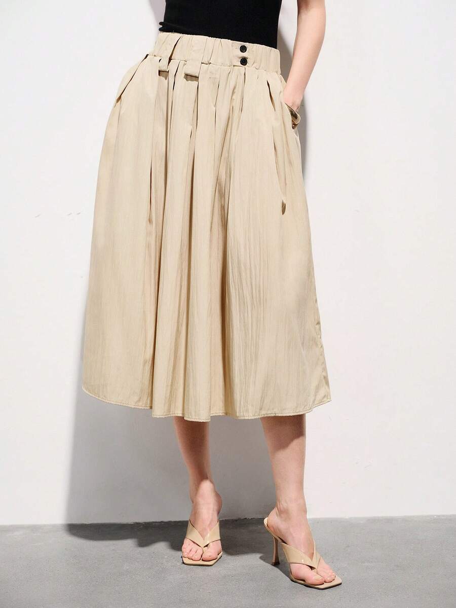 Aveloria Modichic 新款欧美复古时尚休闲松紧腰褶皱宽松中长裙 - 卡其色 - 查看 1