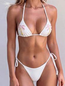 Bộ bikini hai mảnh Swim Mod màu trơn, kiểu cổ yếm, tam giác và quần bơi buộc dây bên hông, gợi cảm, thích hợp cho mùa xuân/hè, phong cách Boho, đi nghỉ mát, họa tiết cây cọ, hai mảnh, đi biển, bikini nhiệt đới, bikini phong cách Boho, bikini vỏ sò, bikini hoa, bikini sao biển. - trắng - Xem 8