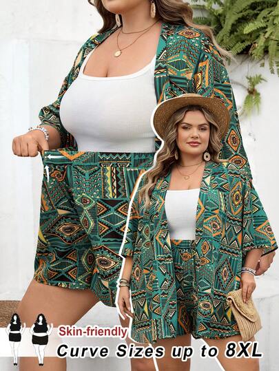 SHEIN CURVE+ Curve Size US22Music Festival, Seaside Vacation, Bohemia Women Geometric Print 3/4 Sleeve Kimono Shirt And Shorts Casual 2 Pieces Set