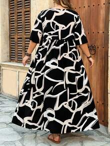SHEIN CURVE+ Váy cỡ US22 dành cho nữ, thích hợp cho lễ hội âm nhạc, kỳ nghỉ bên bờ biển, phong cách bohemian. Váy mùa hè in hoa, cổ chữ V, tay bồng, thắt eo. - Màu xanh lam - Xem 3