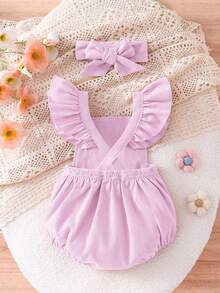 SHEIN Playful Pals 2件套婴儿可爱兔子刺绣毛球装饰无袖连体衣套装，夏季 - 淡紫色 - 查看 3