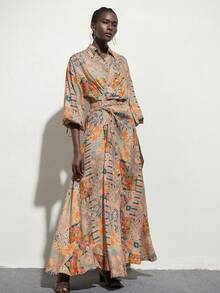 Aveloria Modichic 油画风格蓝橙印花裹身系带连衣裙，法式浪漫艺术气息，适合周末去美术馆约会 - 彩色 - 查看 4