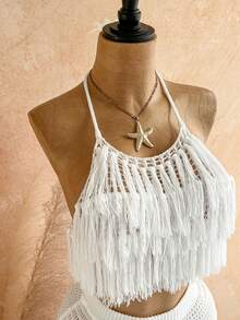 Soleia 女士露背系带流苏上衣和迷你裙针织套装，时尚约会之选 - 白色 - 查看 6