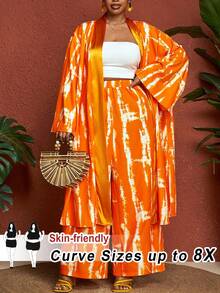 SHEIN CURVE+ Bộ đồ 2 món dành cho nữ cỡ lớn: áo kimono dài mở phía trước và quần ống rộng, thích hợp cho kỳ nghỉ hoặc du lịch. - Màu Cam cháy - Xem 9