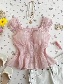 Elamini Women's Sweet Light Pink Sheer Grid Transparent Button Shirt - Baby Pink - View 1