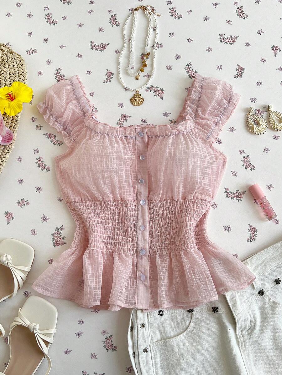 Elamini Women's Sweet Light Pink Sheer Grid Transparent Button Shirt - Baby Pink - View 1