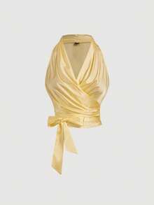 SHEIN MOD Áo tank top nữ cổ điển màu mơ không tay, thắt nút phía sau, dây chéo. - Màu vàng - Xem 1