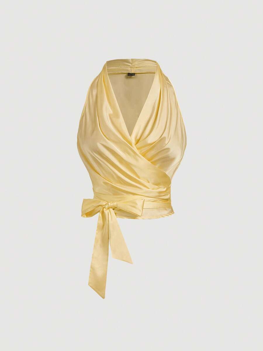 SHEIN MOD Áo tank top nữ cổ điển màu mơ không tay, thắt nút phía sau, dây chéo. - Màu vàng - Xem 1