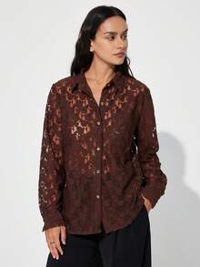 Aveloria Modichic New Elegant Jacquard Single-Breasted Long Sleeve Shirt, Commuter Style - Brown - View 6