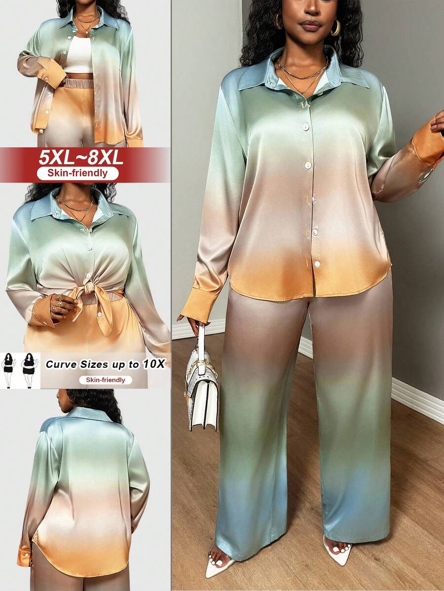 SHEIN CURVE+ Bộ áo sơ mi dài tay dáng rộng in họa tiết nhuộm tie-dye dành cho nữ cỡ lớn, có túi và cúc cài. - Nhiều màu - Xem 1