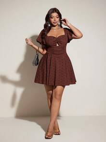 Viva Relle 大码提花荷叶袖度假连衣裙 - 棕色 - 查看 3