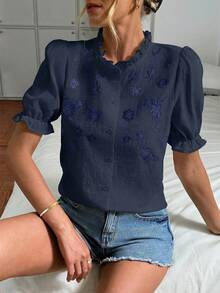 Easowa Women's Casual Embroidered Cotton White Shirt For Vacation - Navy Blue - View 4