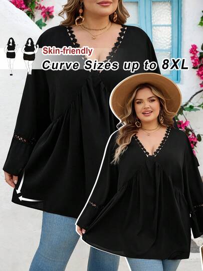 SHEIN CURVE+ Blusa de lino de estilo bohemio con mangas acampanadas, de talla grande, para vacaciones, casual, blanca, para mujer. Atuendo para playa, vacaciones en la playa, graduación, té o fiesta