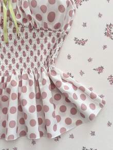 Elamini Blusa sin mangas con cintura ceñida y decoración de lazo con lunares. Conjunto de vacaciones de primavera/verano. Blusas de muñeca lindas, blusas de mujer, blusas de mujer para el verano, blusas de mujer - Rosa - Ver 3