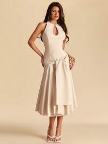 SHEIN BAE 杏色无袖开衩连衣裙，修身剪裁，适合婚礼宾客、海滩度假等场合，优雅连衣裙 - 杏色 - 查看 4