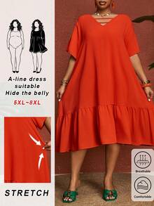 SHEIN CURVE+ 大码女式纯色短袖荷叶边A字宽松休闲连衣裙 - 橘色 - 查看 10