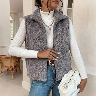 Chaleco Casual de Mujer con Bolsas y Cuello, Peluche,Ropa exterior