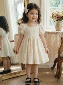 Cozy Pixies Baby Girl Cream White,Summer,Elegant,Baby Shower Vintage Style Puff Sleeve Dress,Solid Round Neck Cinched Waist Tea Party Outfit Ivory Casual Dress - Multicolor - View 8