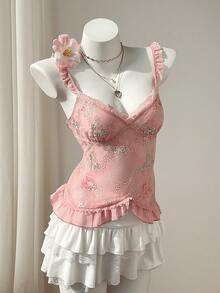 Elamini Áo hai dây ren lưới thêu họa tiết ngọt ngào dành cho nữ, áo kiểu gợi cảm cho kỳ nghỉ hè. - Hồng - Xem 5